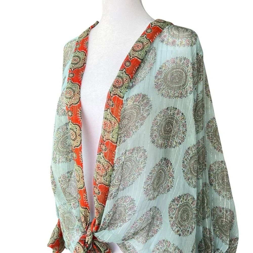 NWOT Free People Kantha Shimmer Tie Front Kimono - Picture 5 of 8
